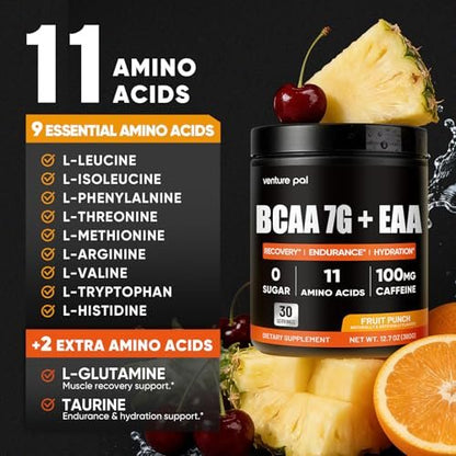 Venture Pal Zuckerfreies 7g BCAA + EAA Pulver | Unterstützt Muskelregeneration, Wachstum, Kraft & Ausdauer – 9 essentielle Aminosäuren mit L-Glutamin, Koffein, Vitaminen & Elektrolyten für Energie & Hydration