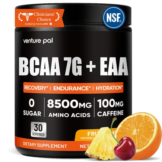 Venture Pal Zuckerfreies 7g BCAA + EAA Pulver | Unterstützt Muskelregeneration, Wachstum, Kraft & Ausdauer – 9 essentielle Aminosäuren mit L-Glutamin, Koffein, Vitaminen & Elektrolyten für Energie & Hydration