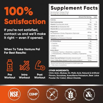 Venture Pal Zuckerfreies 7g BCAA + EAA Pulver | Unterstützt Muskelregeneration, Wachstum, Kraft & Ausdauer – 9 essentielle Aminosäuren mit L-Glutamin, Koffein, Vitaminen & Elektrolyten für Energie & Hydration