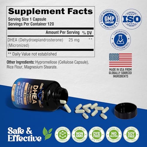DHEA 25mg – Mikronisiertes DHEA Präparat für Frauen & Männer – Klinisch geprüfte Stärke & Bioverfügbarkeit – Unterstützt gesundes Altern, Hormonbalance & Energie – Labortest – Vegan & NON-GMO – 120 Kapseln