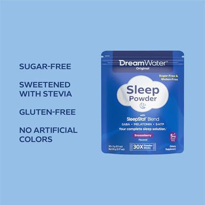 Dream Water Schlafhilfe-Pulver; Melatonin 5mg, GABA, 5-HTP; Natürliche Aromen; Hilft Ihnen, schnell einzuschlafen und erholt aufzuwachen; Snoozeberry, 30 Portionen
