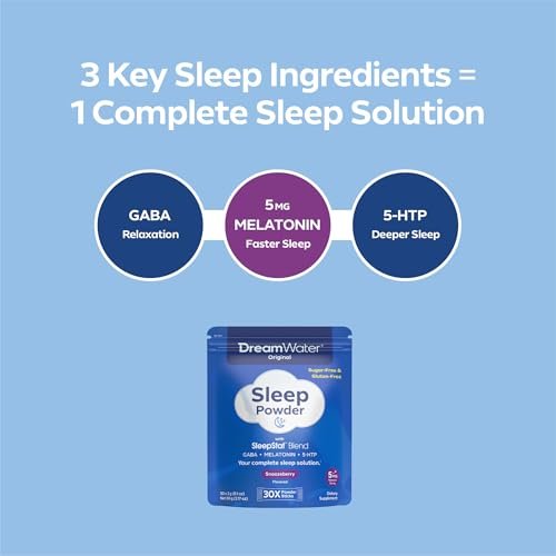 Dream Water Schlafhilfe-Pulver; Melatonin 5mg, GABA, 5-HTP; Natürliche Aromen; Hilft Ihnen, schnell einzuschlafen und erholt aufzuwachen; Snoozeberry, 30 Portionen