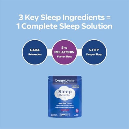 Dream Water Schlafhilfe-Pulver; Melatonin 5mg, GABA, 5-HTP; Natürliche Aromen; Hilft Ihnen, schnell einzuschlafen und erholt aufzuwachen; Snoozeberry, 30 Portionen