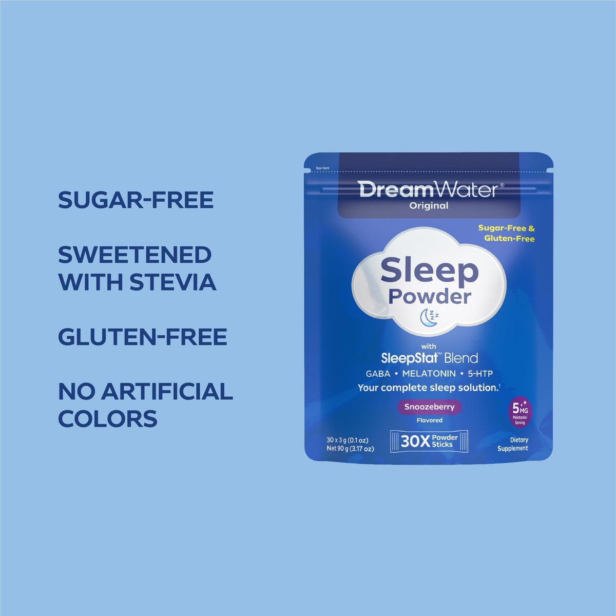 Dream Water Schlafhilfe-Pulver; Melatonin 5mg, GABA, 5-HTP; Natürliche Aromen; Hilft Ihnen, schnell einzuschlafen und erholt aufzuwachen; Snoozeberry, 30 Portionen