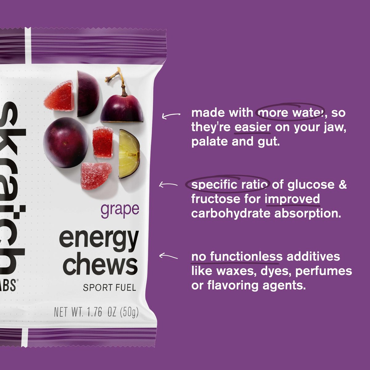 Skratch Labs Energy Chews Traube | Gummibärchen für Läufer, Radfahrer & Ausdauersportler | Schnelle Kohlenhydrate, leicht verdaulich, mit echten Früchten | Gel-Alternative für lange Läufe & Fahrten | 10er-Pack | Glutenfrei, vegan