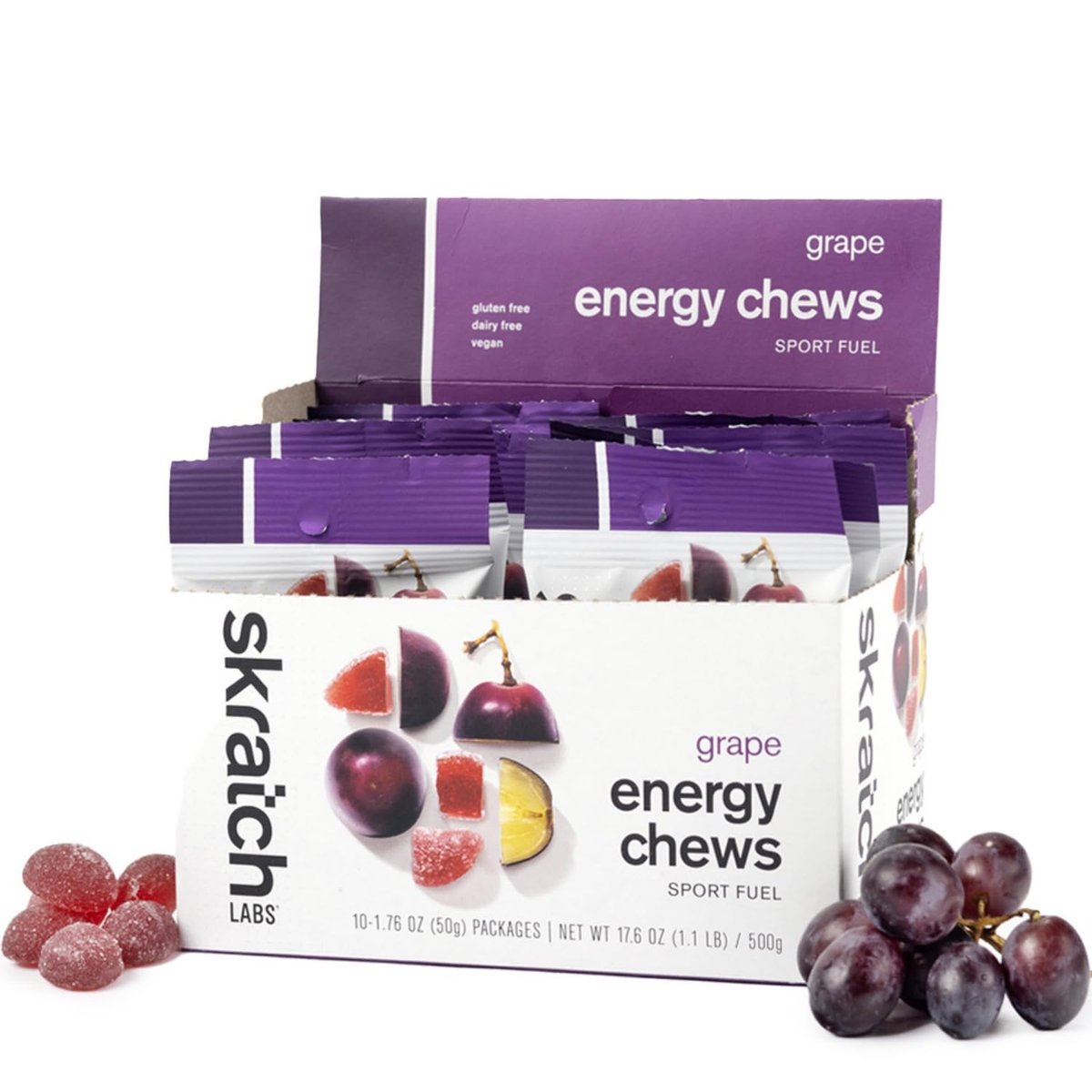 Skratch Labs Energy Chews Traube | Gummibärchen für Läufer, Radfahrer & Ausdauersportler | Schnelle Kohlenhydrate, leicht verdaulich, mit echten Früchten | Gel-Alternative für lange Läufe & Fahrten | 10er-Pack | Glutenfrei, vegan