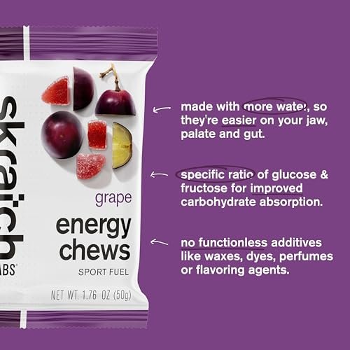 Skratch Labs Energy Chews Traube | Gummibärchen für Läufer, Radfahrer & Ausdauersportler | Schnelle Kohlenhydrate, leicht verdaulich, mit echten Früchten | Gel-Alternative für lange Läufe & Fahrten | 10er-Pack | Glutenfrei, vegan