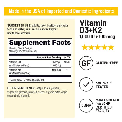NatureWise Vitamin D3 1000IU + K2 (MK7) 100mcg mit Bio Extra Virgin Kokosöl – Unterstützt Kalziumaufnahme, Knochen- & Immunsystem – Non-GMO, Soja- & Glutenfrei – 90 Weichkapseln [3-Monatsvorrat]