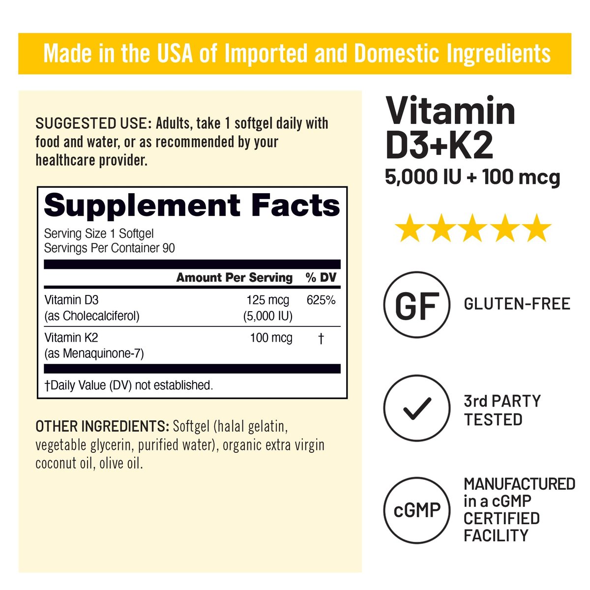 NatureWise Vitamin D3 5000IU + K2 (MK7) 100mcg mit Bio Extra Virgin Kokosöl – Unterstützt Kalziumaufnahme, Knochen- und Immunsystem – Non-GMO, Soja- & Glutenfrei – 90 Weichkapseln (90-Tage-Vorrat)