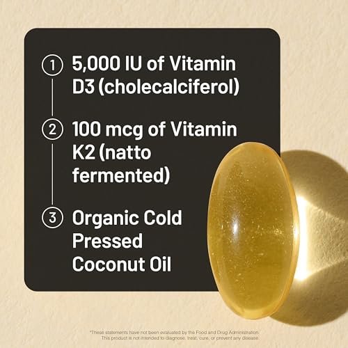 NatureWise Vitamin D3 5000IU + K2 (MK7) 100mcg mit Bio Extra Virgin Kokosöl – Unterstützt Kalziumaufnahme, Knochen- und Immunsystem – Non-GMO, Soja- & Glutenfrei – 90 Weichkapseln (90-Tage-Vorrat)