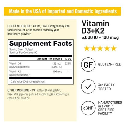 NatureWise Vitamin D3 5000IU + K2 (MK7) 100mcg mit Bio Extra Virgin Kokosöl – Unterstützt Kalziumaufnahme, Knochen- und Immunsystem – Non-GMO, Soja- & Glutenfrei – 90 Weichkapseln (90-Tage-Vorrat)