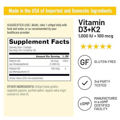NatureWise Vitamin D3 1000 IU + K2 (MK7) 100 mcg mit Bio-Kokosöl – Calcium-Aufnahme, Knochen- & Immununterstützung – 30 Kapseln