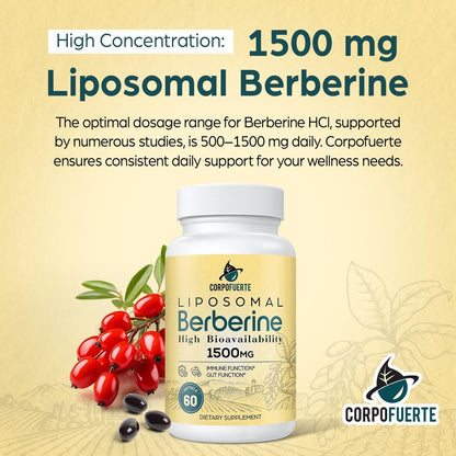 Corpofuerte Liposomales Berberin – Berberin Supplement aktiviert AMPK, unterstützt das Körpergleichgewicht bei Frauen und Männern – fördert Immunfunktion, Darmfunktion, Non-GMO, zuckerfrei, 60 Softgels