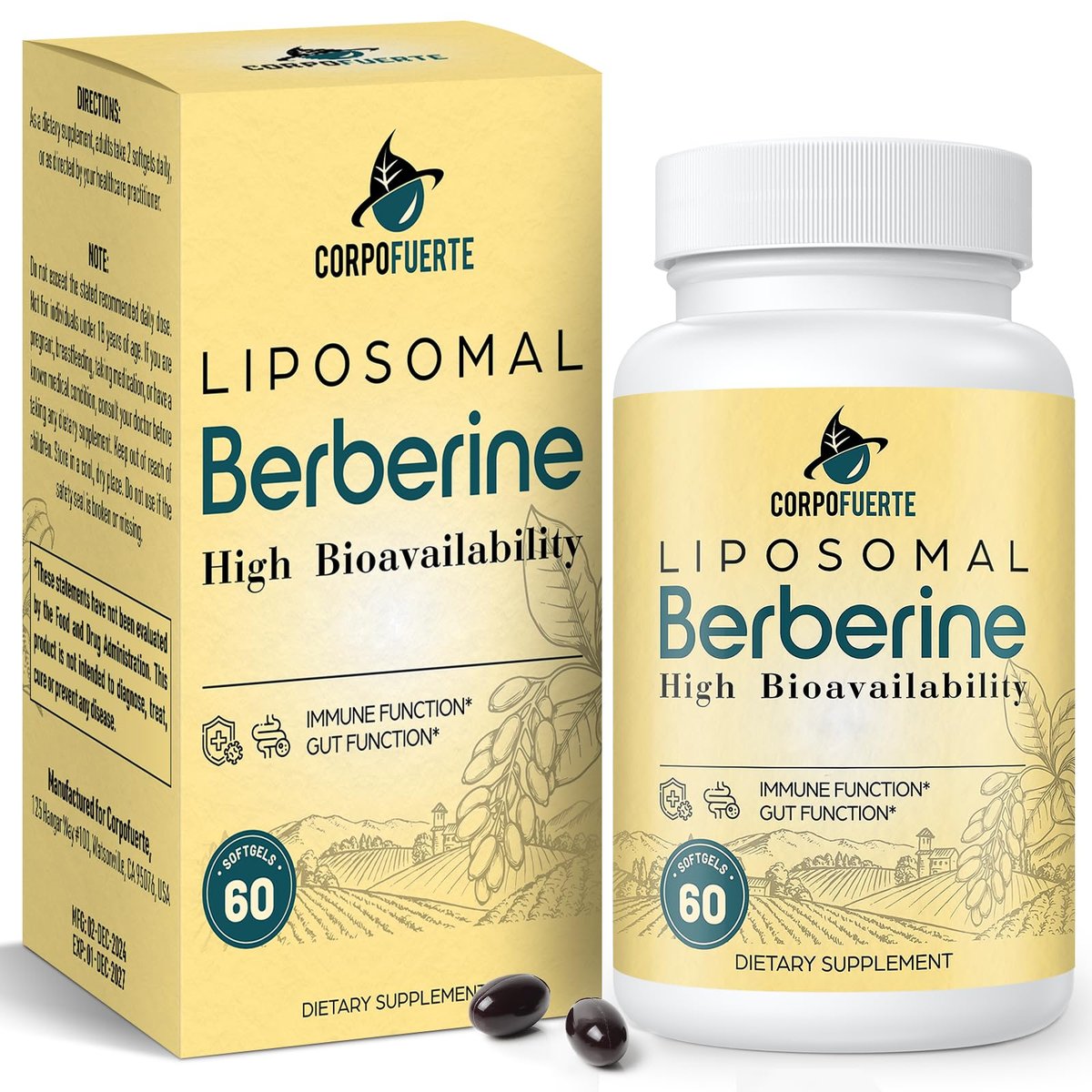 Corpofuerte Liposomales Berberin – Berberin Supplement aktiviert AMPK, unterstützt das Körpergleichgewicht bei Frauen und Männern – fördert Immunfunktion, Darmfunktion, Non-GMO, zuckerfrei, 60 Softgels