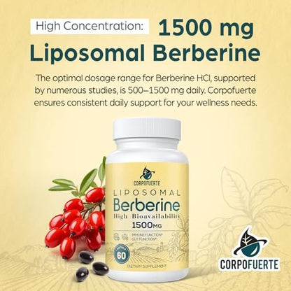 Corpofuerte Liposomales Berberin – Berberin Supplement aktiviert AMPK, unterstützt das Körpergleichgewicht bei Frauen und Männern – fördert Immunfunktion, Darmfunktion, Non-GMO, zuckerfrei, 60 Softgels