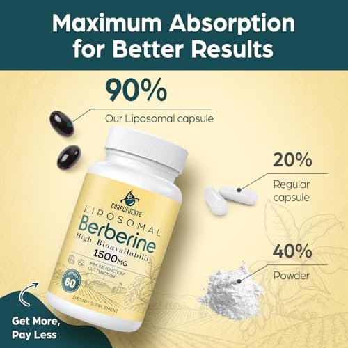 Corpofuerte Liposomales Berberin – Berberin Supplement aktiviert AMPK, unterstützt das Körpergleichgewicht bei Frauen und Männern – fördert Immunfunktion, Darmfunktion, Non-GMO, zuckerfrei, 60 Softgels