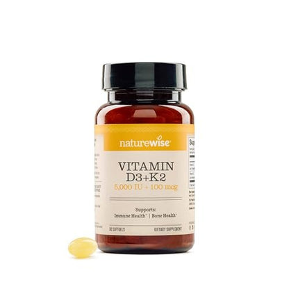 NatureWise Vitamin D3 5000 IU + K2 (MK7) 100 mcg mit Bio nativem Kokosöl – Unterstützt Kalziumaufnahme, Knochen- und Immunsystem – Non-GMO, Soja- und glutenfrei – 30 Weichkapseln (30-Tage-Vorrat)