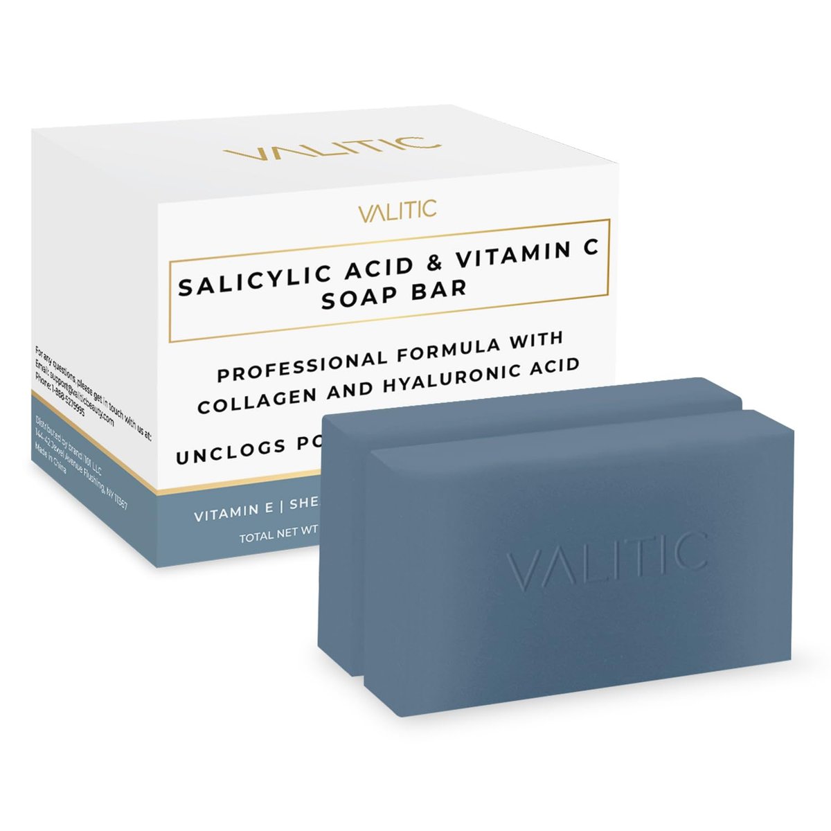 VALITIC Salicylsäure und Vitamin C Seifenstück - Gesichtsreiniger und Peeling-Duschgel gegen Mitesser, vergrößerte Poren und unreine Haut mit Kollagen, Hyaluronsäure, Vitamin E - 2er Pack