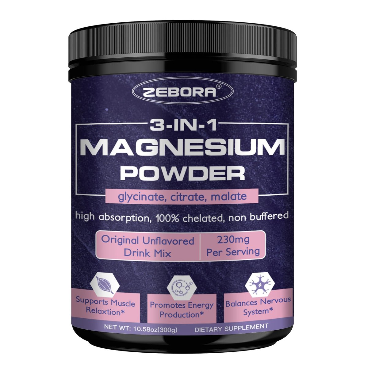ZEBORA Magnesium Pulver für Schlaf – Chelat-Magnesium-Komplex mit Glycinat, Citrat und Malat, ungewürztes Getränkepulver mit Elektrolyten für Muskel- und Gehirngesundheit, vegan, non-GMO, 10,58 oz