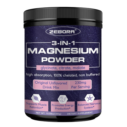 ZEBORA Magnesium Pulver für Schlaf – Chelat-Magnesium-Komplex mit Glycinat, Citrat und Malat, ungewürztes Getränkepulver mit Elektrolyten für Muskel- und Gehirngesundheit, vegan, non-GMO, 10,58 oz