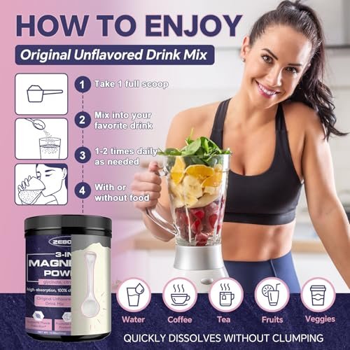 ZEBORA Magnesium Pulver für Schlaf – Chelat-Magnesium-Komplex mit Glycinat, Citrat und Malat, ungewürztes Getränkepulver mit Elektrolyten für Muskel- und Gehirngesundheit, vegan, non-GMO, 10,58 oz