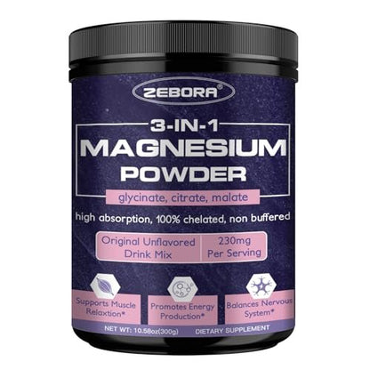 ZEBORA Magnesium Pulver für Schlaf – Chelat-Magnesium-Komplex mit Glycinat, Citrat und Malat, ungewürztes Getränkepulver mit Elektrolyten für Muskel- und Gehirngesundheit, vegan, non-GMO, 10,58 oz