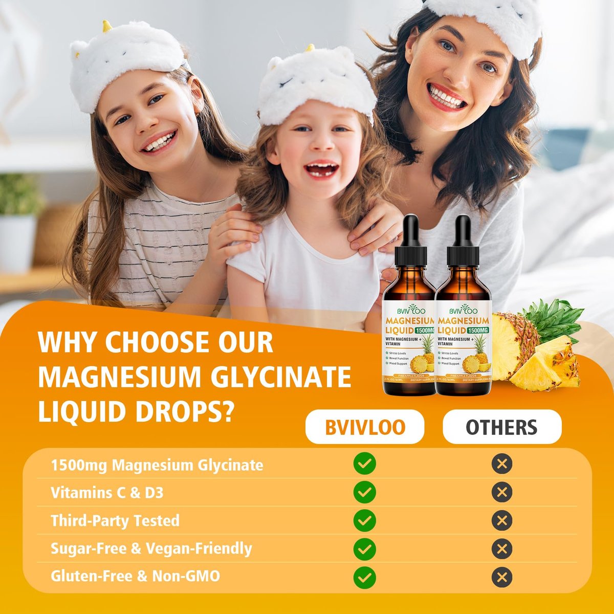 Flüssiges Magnesiumglycinat mit Ananasgeschmack – Hochdosiertes Magnesiumpräparat mit Cellulosefaser, Bromelain, Vitaminen B6, C, D & Zink für Erwachsene & Kinder – 60 ml