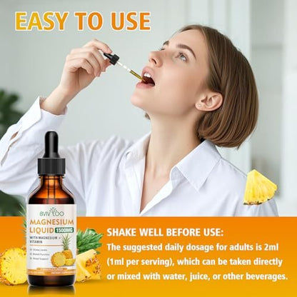 Flüssiges Magnesiumglycinat mit Ananasgeschmack – Hochdosiertes Magnesiumpräparat mit Cellulosefaser, Bromelain, Vitaminen B6, C, D & Zink für Erwachsene & Kinder – 60 ml