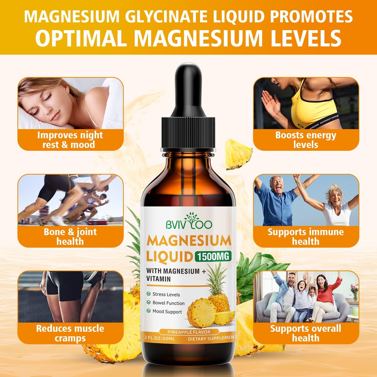 Flüssiges Magnesiumglycinat mit Ananasgeschmack – Hochdosiertes Magnesiumpräparat mit Cellulosefaser, Bromelain, Vitaminen B6, C, D & Zink für Erwachsene & Kinder – 60 ml