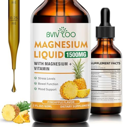 Flüssiges Magnesiumglycinat mit Ananasgeschmack – Hochdosiertes Magnesiumpräparat mit Cellulosefaser, Bromelain, Vitaminen B6, C, D & Zink für Erwachsene & Kinder – 60 ml