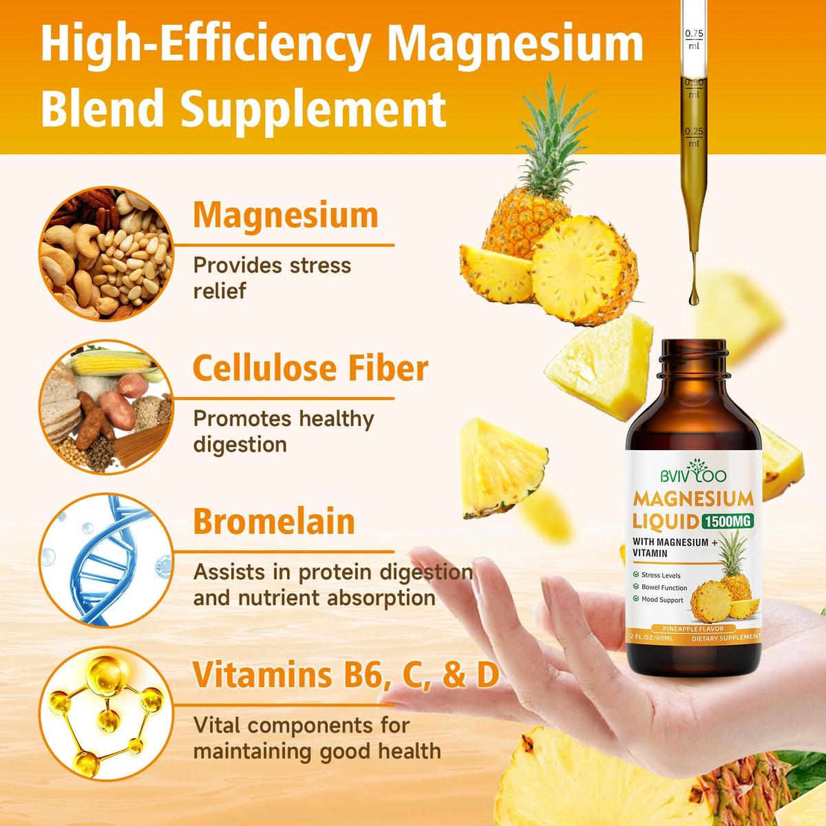 Flüssiges Magnesiumglycinat mit Ananasgeschmack – Hochdosiertes Magnesiumpräparat mit Cellulosefaser, Bromelain, Vitaminen B6, C, D & Zink für Erwachsene & Kinder – 60 ml