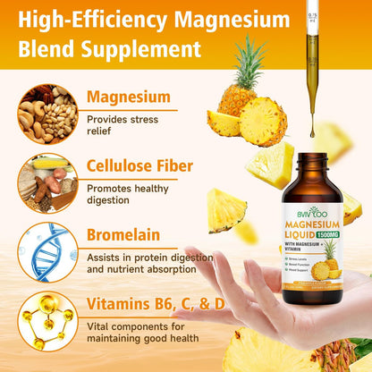 Flüssiges Magnesiumglycinat mit Ananasgeschmack – Hochdosiertes Magnesiumpräparat mit Cellulosefaser, Bromelain, Vitaminen B6, C, D & Zink für Erwachsene & Kinder – 60 ml