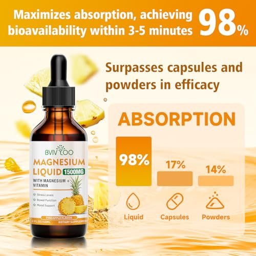 Flüssiges Magnesiumglycinat mit Ananasgeschmack – Hochdosiertes Magnesiumpräparat mit Cellulosefaser, Bromelain, Vitaminen B6, C, D & Zink für Erwachsene & Kinder – 60 ml