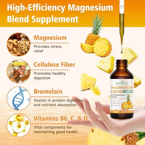 Flüssiges Magnesiumglycinat mit Ananasgeschmack – Hochdosiertes Magnesiumpräparat mit Cellulosefaser, Bromelain, Vitaminen B6, C, D & Zink für Erwachsene & Kinder – 60 ml