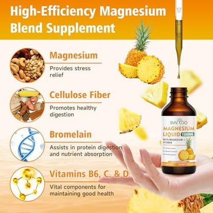 Flüssiges Magnesiumglycinat mit Ananasgeschmack – Hochdosiertes Magnesiumpräparat mit Cellulosefaser, Bromelain, Vitaminen B6, C, D & Zink für Erwachsene & Kinder – 60 ml