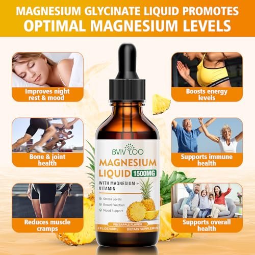 Flüssiges Magnesiumglycinat mit Ananasgeschmack – Hochdosiertes Magnesiumpräparat mit Cellulosefaser, Bromelain, Vitaminen B6, C, D & Zink für Erwachsene & Kinder – 60 ml