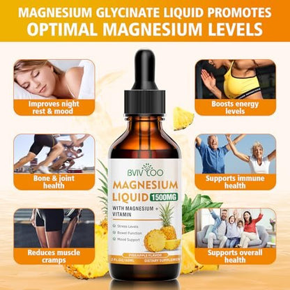 Flüssiges Magnesiumglycinat mit Ananasgeschmack – Hochdosiertes Magnesiumpräparat mit Cellulosefaser, Bromelain, Vitaminen B6, C, D & Zink für Erwachsene & Kinder – 60 ml
