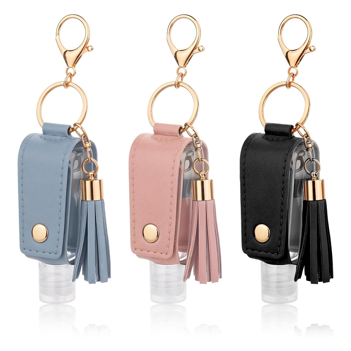 ZEYIYER 3er Set Nachfüllbare Mini-Flaschen Schlüsselanhänger, 30 ml Handdesinfektionsmittel-Halter, Reise-1oz-Behälter für Lotion, Flüssigseife, Shampoo (Blau, Pink, Schwarz)