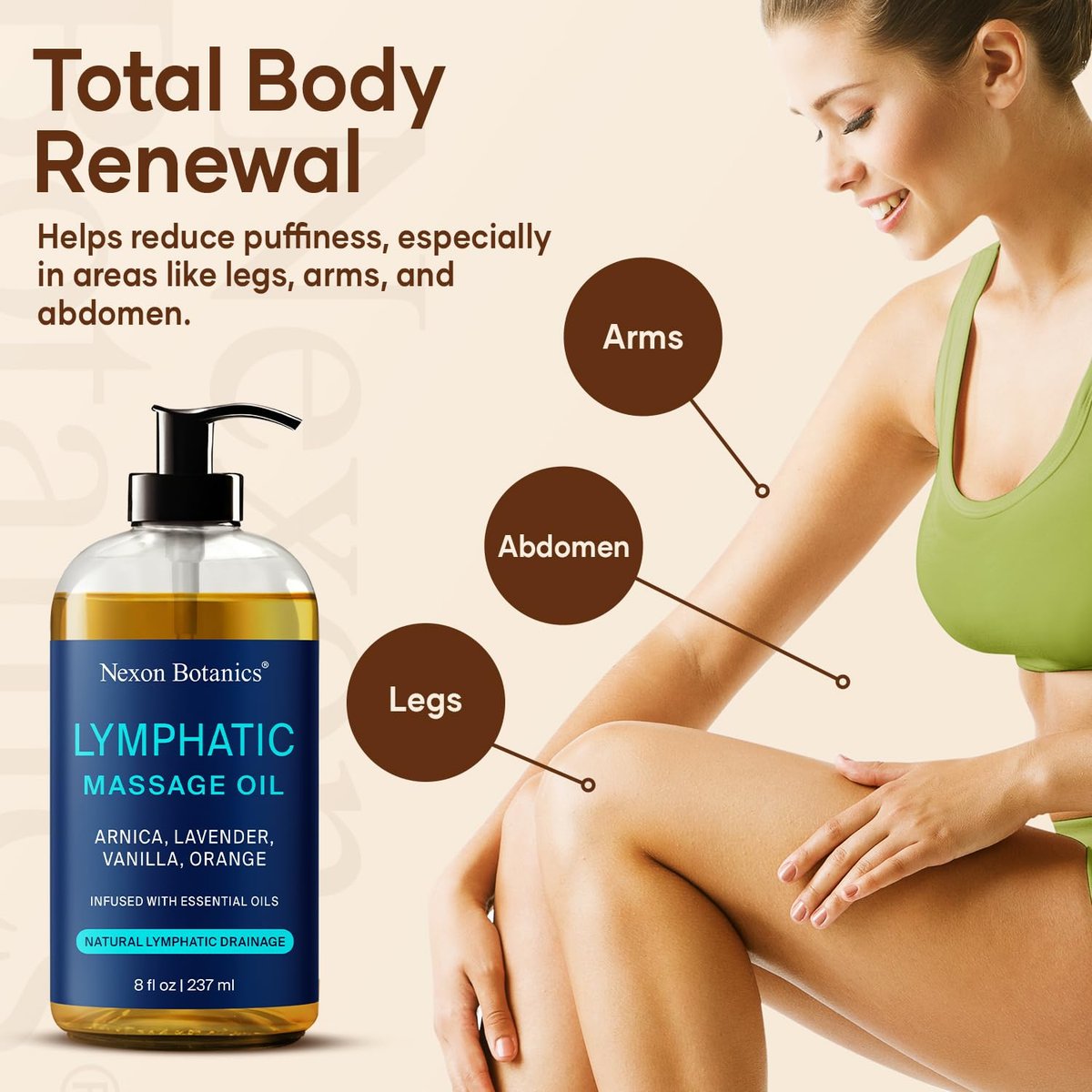 Lymphdrainage-Massageöl für die Massagetherapie 240 ml – Erfrischend und entspannend – Natürliche Öle mit Arnika, Vanille und Lavendelöl – für Männer und Frauen – Nexon Botanics