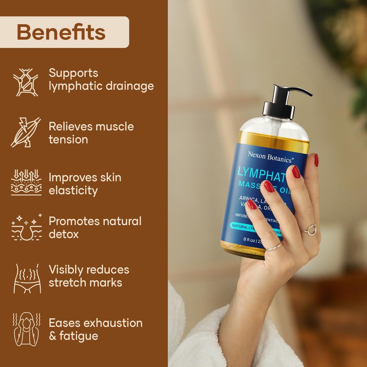 Lymphdrainage-Massageöl für die Massagetherapie 240 ml – Erfrischend und entspannend – Natürliche Öle mit Arnika, Vanille und Lavendelöl – für Männer und Frauen – Nexon Botanics