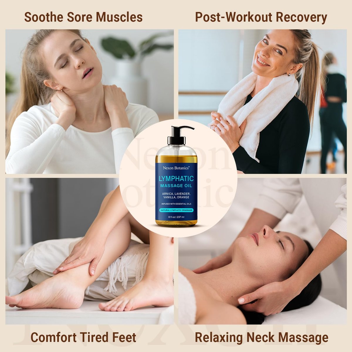 Lymphdrainage-Massageöl für die Massagetherapie 240 ml – Erfrischend und entspannend – Natürliche Öle mit Arnika, Vanille und Lavendelöl – für Männer und Frauen – Nexon Botanics
