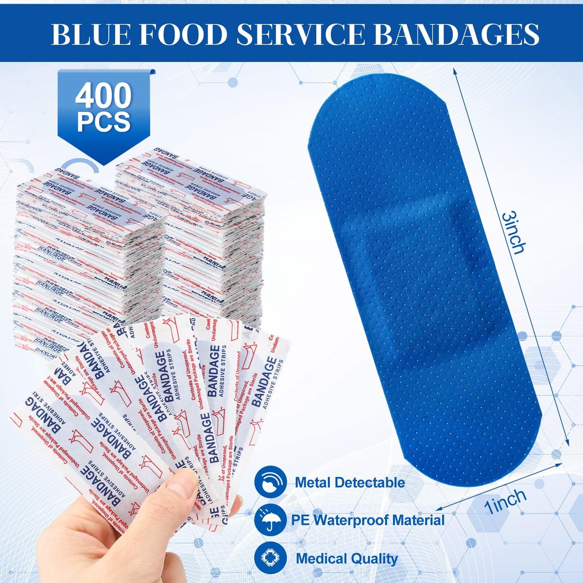 Geiserailie 200 Stück blaue Pflaster 3x1 Zoll – Lebensmittelgeeignet, metalldetektierbar, wasserdicht, PE, steril, latexfrei, für Erste Hilfe & Wundversorgung