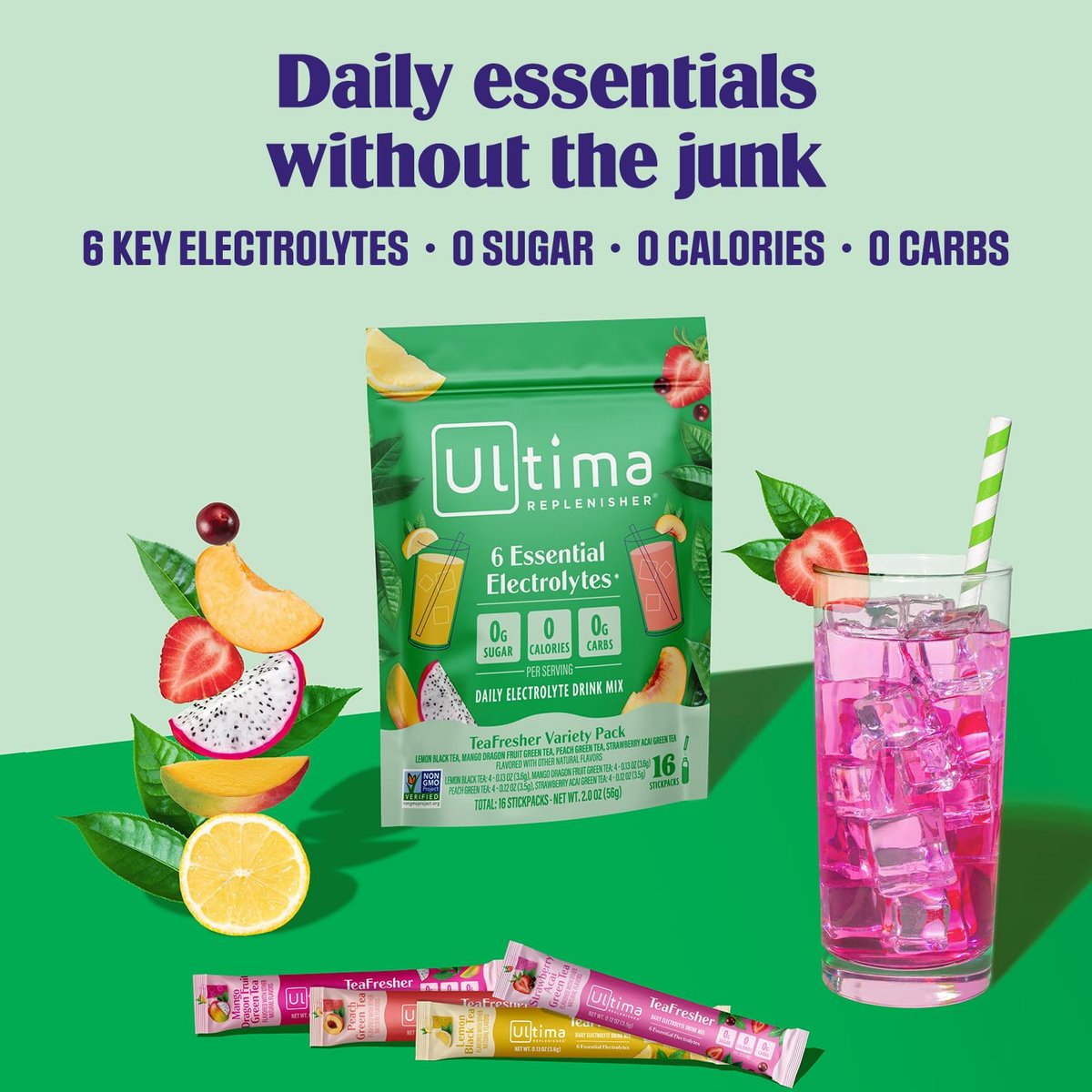 Ultima Replenisher Elektrolyt-Pulver & Instant Tee-Getränkemischung – TeaFresher Variety, 16 Stickpacks – Zuckerfreie Elektrolyte Hydrationspackungen mit Frucht- und Tee-Fusionen – Pflanzenbasiert & Keto-freundlich