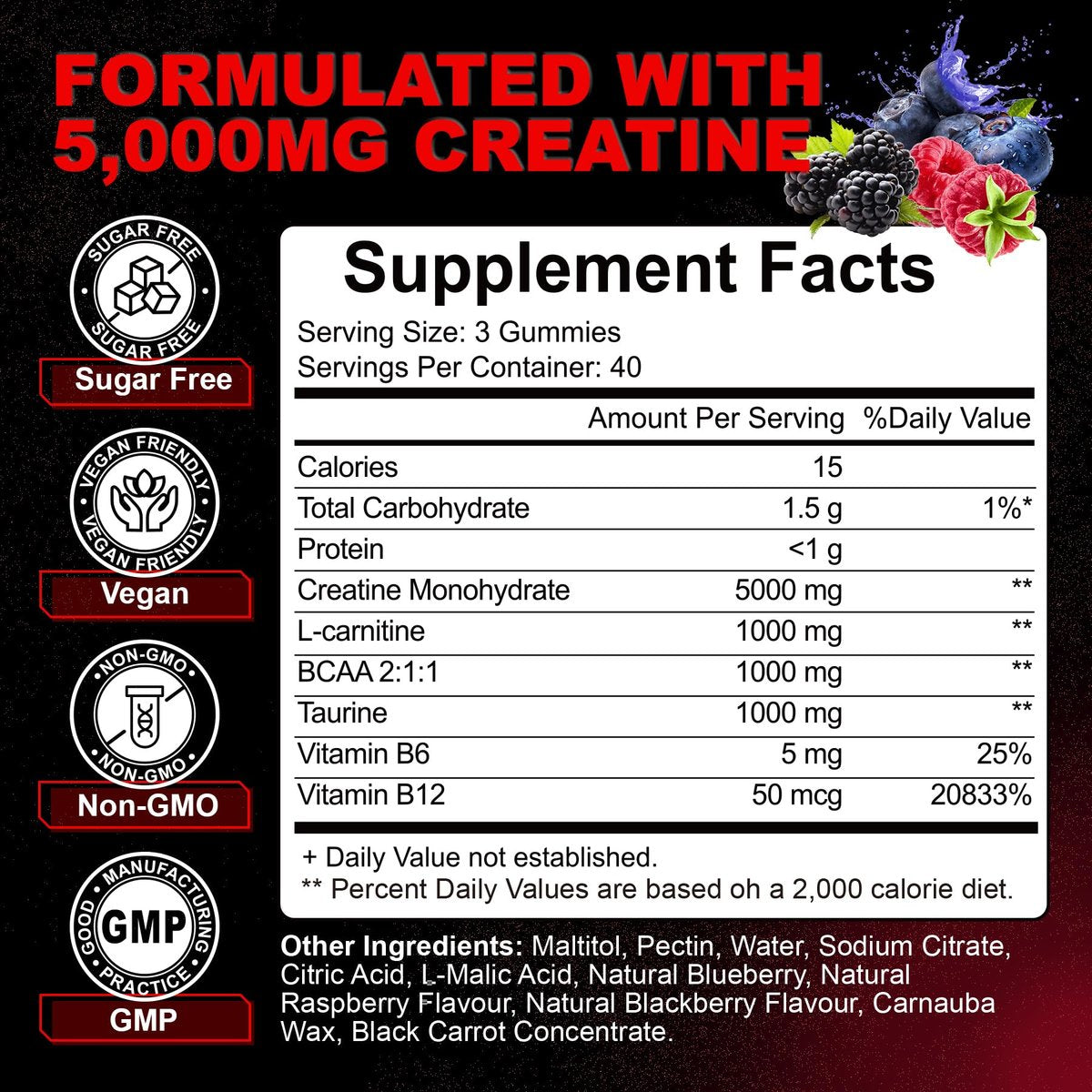 Creatin Monohydrat Gummis für Männer & Frauen mit L-Carnitin & Taurin – Zuckerfreie, vegane, kaubare Gummis im Beerengeschmack – 120 Stück – Pre-Workout für Muskelkraft & Energie