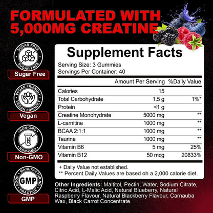 Creatin Monohydrat Gummis für Männer & Frauen mit L-Carnitin & Taurin – Zuckerfreie, vegane, kaubare Gummis im Beerengeschmack – 120 Stück – Pre-Workout für Muskelkraft & Energie
