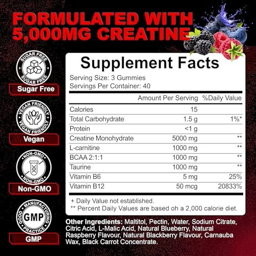 Creatin Monohydrat Gummis für Männer & Frauen mit L-Carnitin & Taurin – Zuckerfreie, vegane, kaubare Gummis im Beerengeschmack – 120 Stück – Pre-Workout für Muskelkraft & Energie