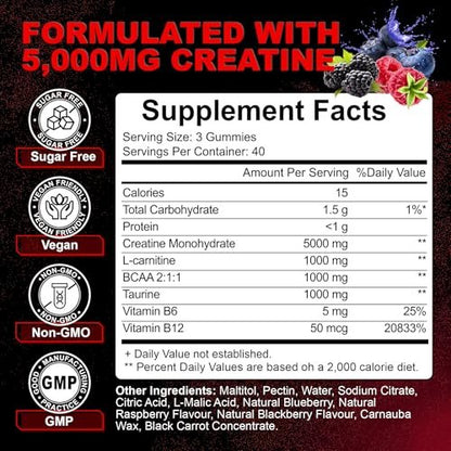 Creatin Monohydrat Gummis für Männer & Frauen mit L-Carnitin & Taurin – Zuckerfreie, vegane, kaubare Gummis im Beerengeschmack – 120 Stück – Pre-Workout für Muskelkraft & Energie