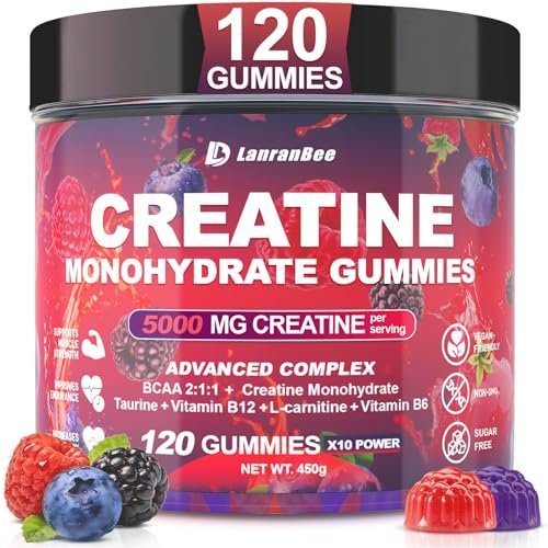 Creatin Monohydrat Gummis für Männer & Frauen mit L-Carnitin & Taurin – Zuckerfreie, vegane, kaubare Gummis im Beerengeschmack – 120 Stück – Pre-Workout für Muskelkraft & Energie