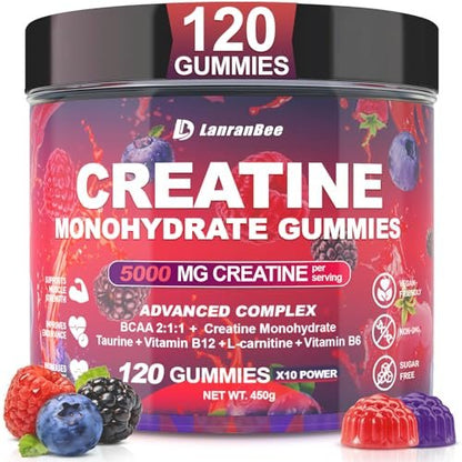 Creatin Monohydrat Gummis für Männer & Frauen mit L-Carnitin & Taurin – Zuckerfreie, vegane, kaubare Gummis im Beerengeschmack – 120 Stück – Pre-Workout für Muskelkraft & Energie