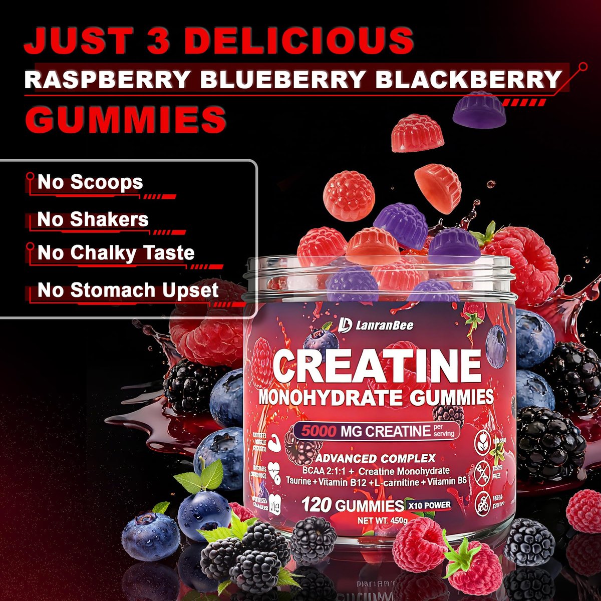 Creatin Monohydrat Gummis für Männer & Frauen mit L-Carnitin & Taurin – Zuckerfreie, vegane, kaubare Gummis im Beerengeschmack – 120 Stück – Pre-Workout für Muskelkraft & Energie